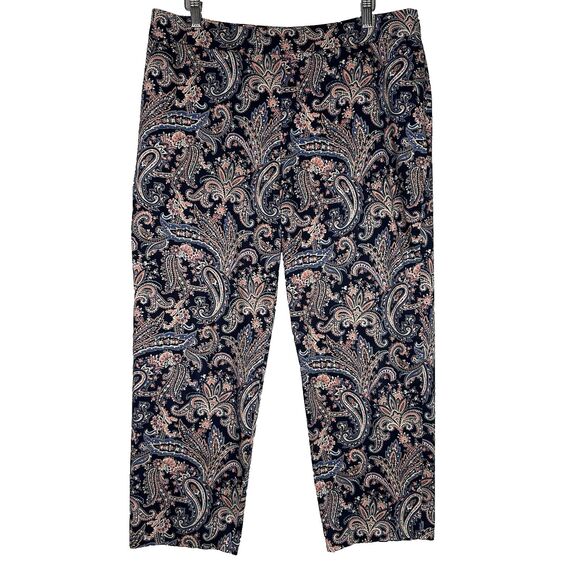 Pendleton Women’s Paisley Print Cotton Blend Ankle Pants Sz 14 Navy Coral Strech - Picture 1 of 11